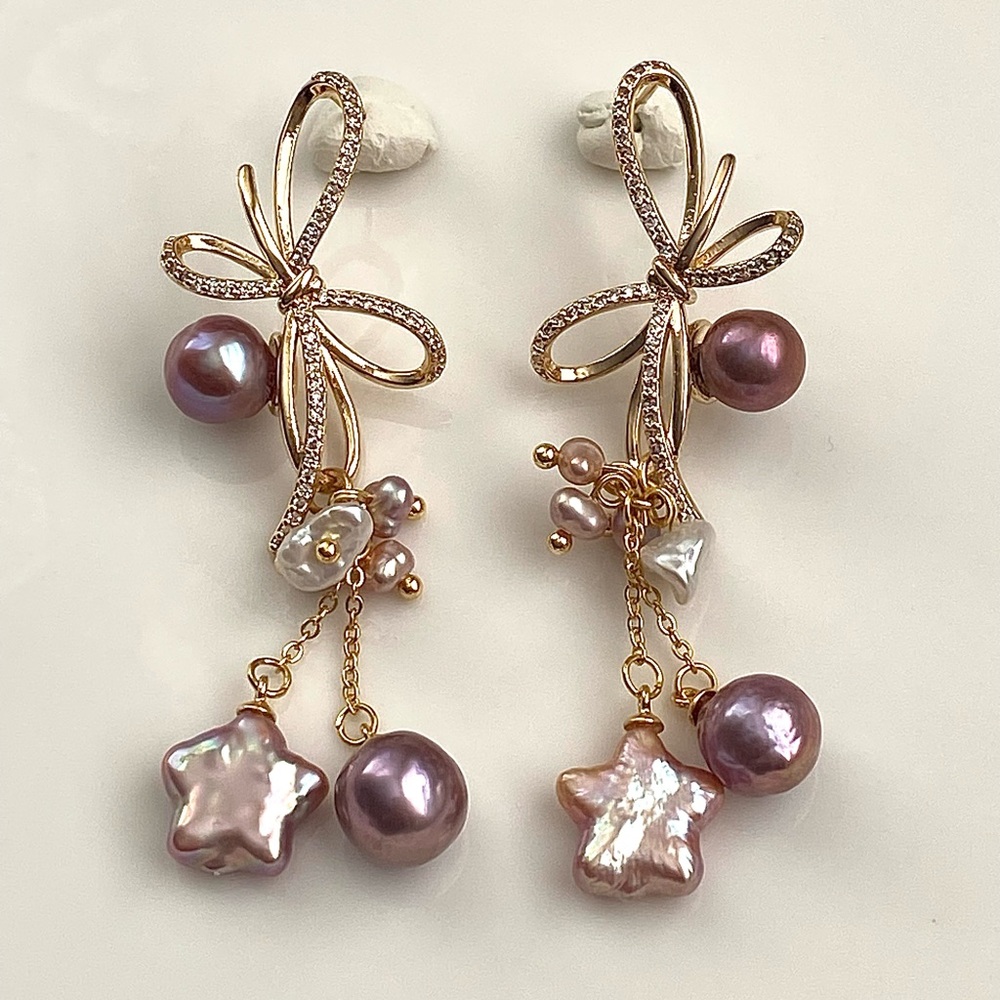 E121-Handmade High Quality Freshwater Pearl Bow Dangling Earring